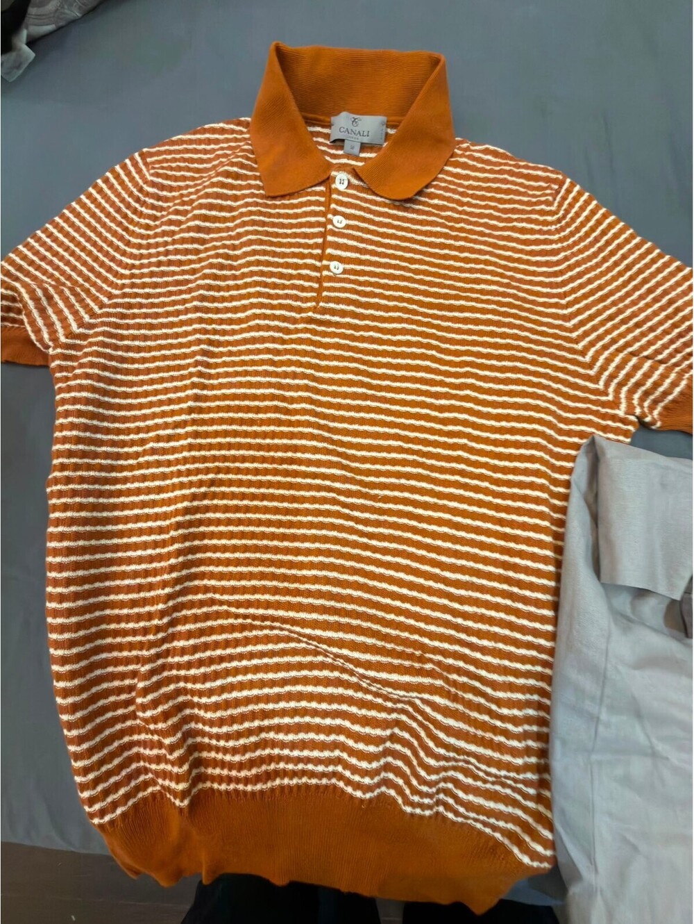 Canali Men's Striped Knit Polo Shirt in Rust and White